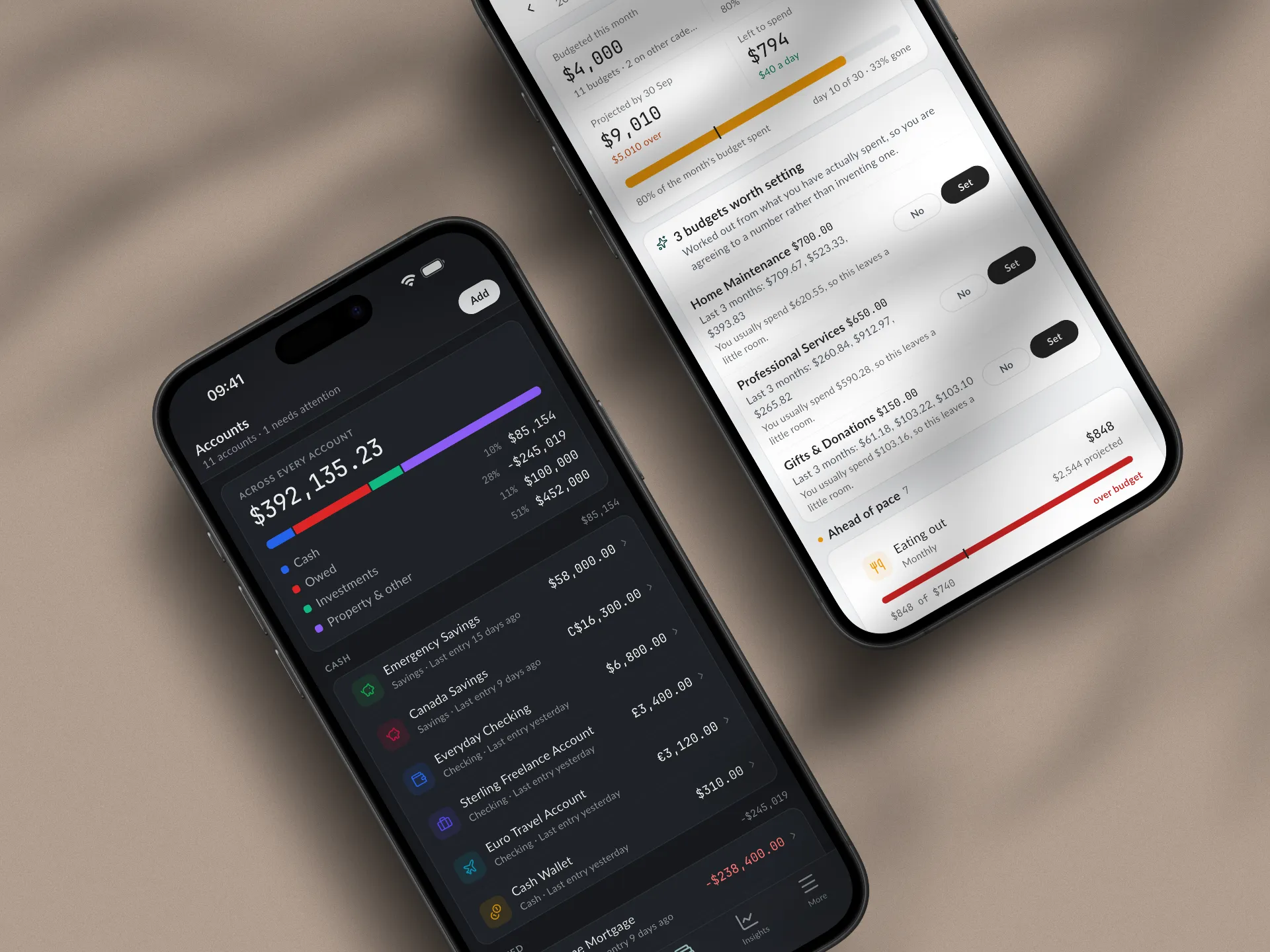 MintValt on two phones: a dark-mode Accounts screen with a net worth breakdown across cash, owed, investments, and property, and the monthly budget view suggesting budgets worth setting.